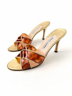 MANOLO BLAHNIK | Vintage Y2K Tortoiseshell  Vinyl Gold Leather Mules EU 37.5
